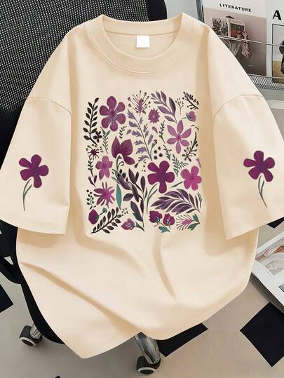 Camiseta de verano casual de talla grande para mujer con cuello redondo y estampado floral