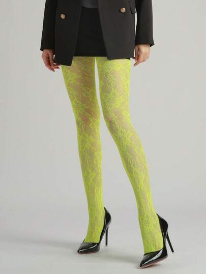 1件装女士性感紧身花卉提花镂空渔网袜，薄款哥特风连裤袜，春夏百搭，适合万圣节、通勤、约会、派对等场合