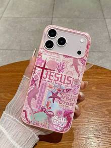 Pink Ocean, Jesus Collage Print Phone Case, Whale, Seahorse, Starfish, Pink Cross, Pink Phone Case, Christian Aesthetic Beach Design Fashion Phone Case - Pink - View 2