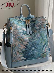 防盗油画图案复古尼龙双肩包女包，多功能时尚日用包，多口袋轻便旅行包，大容量简约书包，便捷书包，适合学生、护士、教师、商务人士、旅行度假、商务出差、日常通勤、购物、办公、约会、徒步、训练、工作、生日礼物、节日礼物 - 彩色 - 查看 2