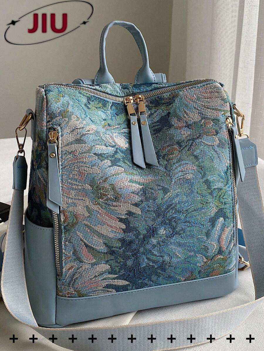 防盗油画图案复古尼龙双肩包女包，多功能时尚日用包，多口袋轻便旅行包，大容量简约书包，便捷书包，适合学生、护士、教师、商务人士、旅行度假、商务出差、日常通勤、购物、办公、约会、徒步、训练、工作、生日礼物、节日礼物