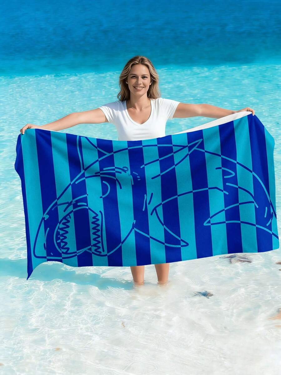 1pc/70cm*150cm Blue Striped Shark Pattern Beach Towel, Cartoon Line Shark Extra Large Beach Blanket, Soft Quick Dry Non-Sandy Beach Towel, Suitable For Vacation Swimming Pool