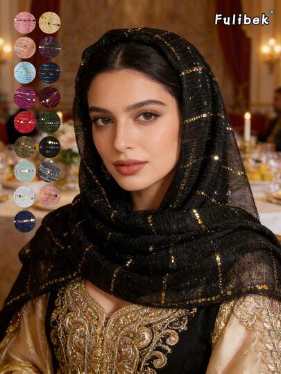 1pc Women's Solid Color Lace Mesh Sequin Scarf/Shawl/Headscarf, Suitable For Daily Use, All Seasons