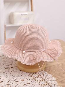 女童夏季荷叶边珍珠草帽，带蝴蝶结，沙滩遮阳帽 - 珍珠 - 查看 9