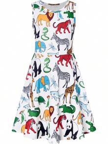 Girl Dresses Sleeveless Cute Pattern Casual Sundress 4-13 Years - 白色 黃色 - 查看 1