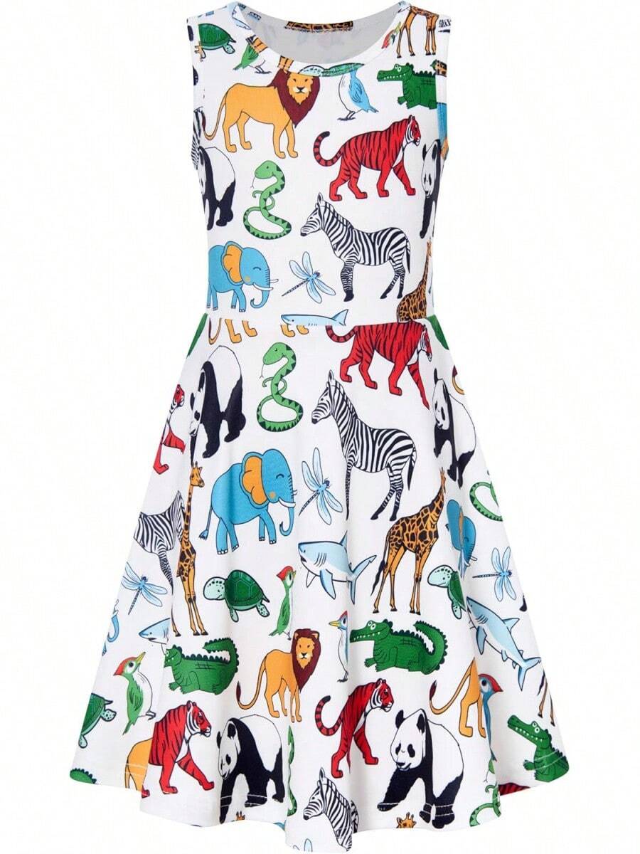 Girl Dresses Sleeveless Cute Pattern Casual Sundress 4-13 Years - 白色 黃色 - 查看 1