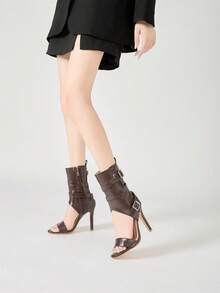 欧美性感高跟凉鞋，女士细高跟露趾夏季靴 - 棕色 - 查看 2