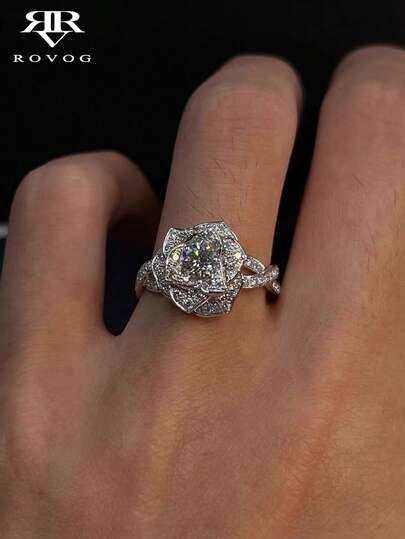 1pc Elegant Luxurious Cubic Zirconia Flower Design Copper Open Ring, Gentle Chic For Daily, Vacation, Wedding