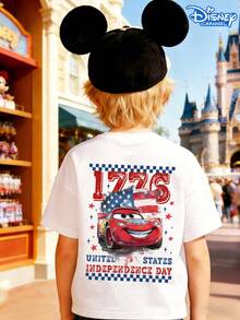 Disney Cars Lightning McQueen 1776 Independence Day Kids T-Shirt, Double-Sided Patriotic Character Graphic, Casual Crew Neck Short Sleeve Tee, Unisex Boys Girls Fashion Top, Ideal For Disney Fans & Holiday Wear - Blanc - Voir 3