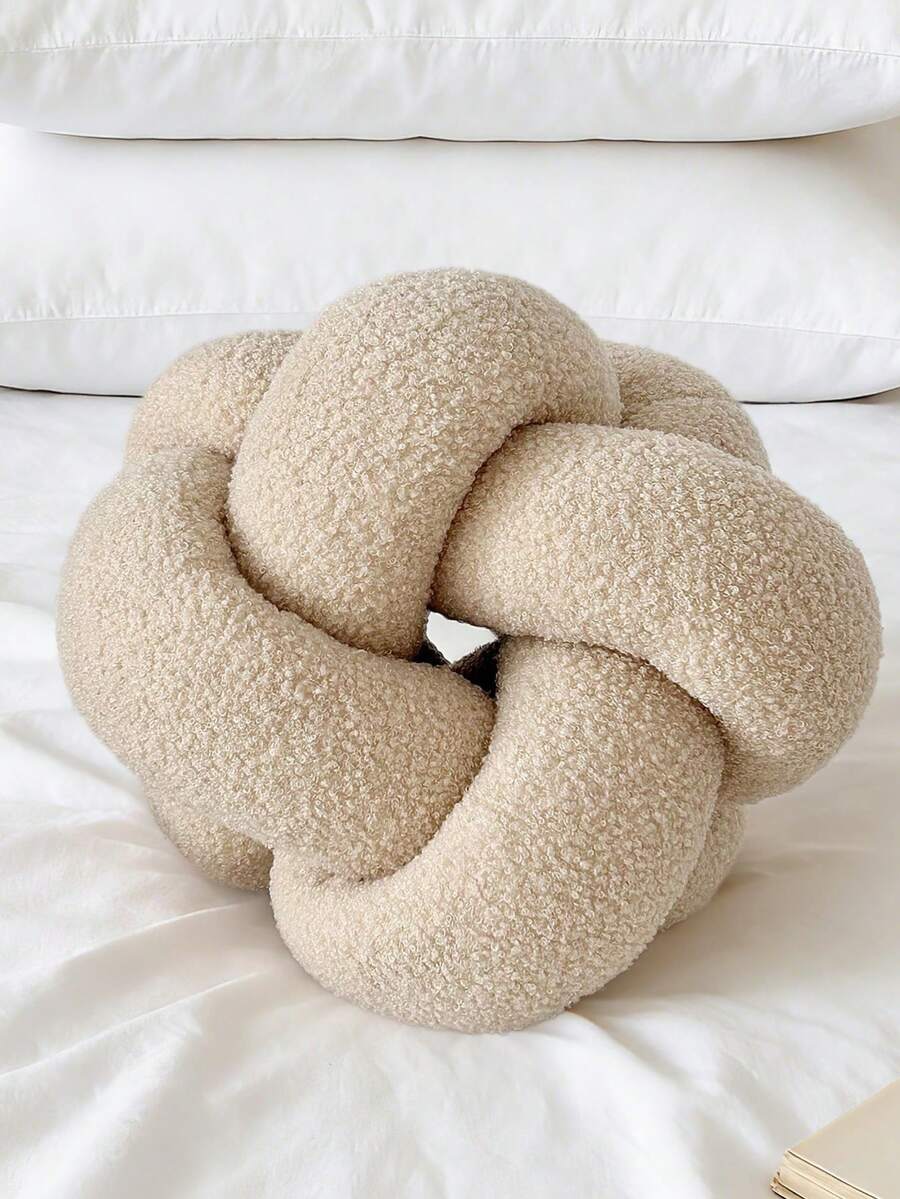 1 pieza Almohada decorativa de bola de punto de piel sintética de unicolor y versátil, decoración para sofá, mesa de centro, dormitorio y mesita de noche, color beige - Beis - Ver 1