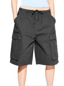 Cargo Shorts For Women Elastic Waist Knee Length  Shorts Summer Outdoor Waterproof Hiking Pants With Pockets - 灰色 - 查看 9