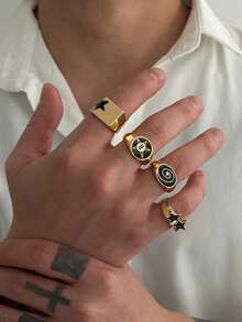 Set 4 Cincin Bintang Spiral Gaya Punk, Cocok untuk Pemakaian Kasual Sehari-hari Pria - Set isi 4 - View 4