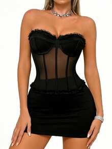 1件蕾丝胸衣露脐上衣，性感无肩带Y2K系带钢圈网纱胸衣上衣（女款） - 黑色 - 查看 4