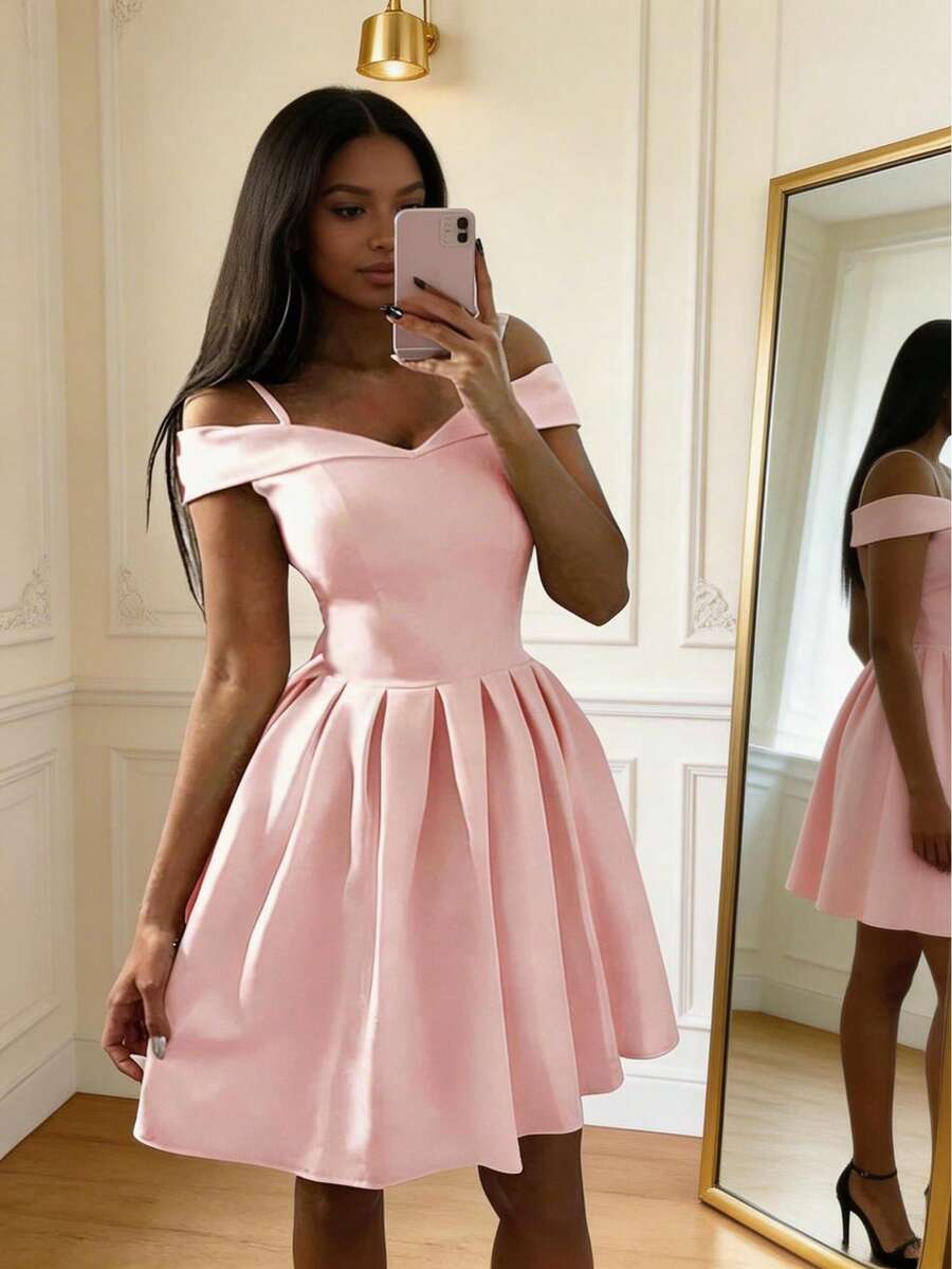 Fitglam Cute Off-The-Shoulder Satin Bridesmaid Dress Short Party Homecoming Dress - Hồng - Xem 1