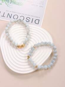 2 Pcs Gold Heart-Shaped Beaded Bracelet, Imitation Natural Stone Bead Bracelet, Couple's Bracelet, Friendship Bracelet, The Best Gift For Mom, Girlfriend, Or Friend. - Multicolor - View 3