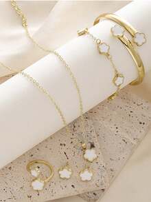 Bộ trang sức 5 món chất lượng cao mới: 1 dây chuyền, 1 vòng tay, 1 đôi bông tai, 1 nhẫn, 1 dây chuyền hoa may mắn. - Nhiều màu - Xem 5