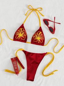 Bộ bikini thêu họa tiết màu nâu vàng cổ điển gợi cảm - Áo tam giác + Quần buộc dây bên hông | Đồ bơi đi biển phong cách blogger châu Âu cho kỳ nghỉ hè - Đỏ - Xem 3