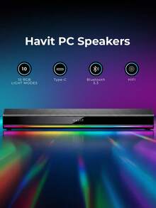 havit مكبرات صوت كمبيوتر بتقنية بلوتوث 5.3 بقوة 20 واط، صوت استريو ثلاثي الأبعاد، مكبرات صوت استريو عالية الجودة، مزودة بإضاءة RGB تعمل عبر منفذ USB، مناسبة للكمبيوتر المحمول والأجهزة اللوحية والشاشات - مشاهدة 3