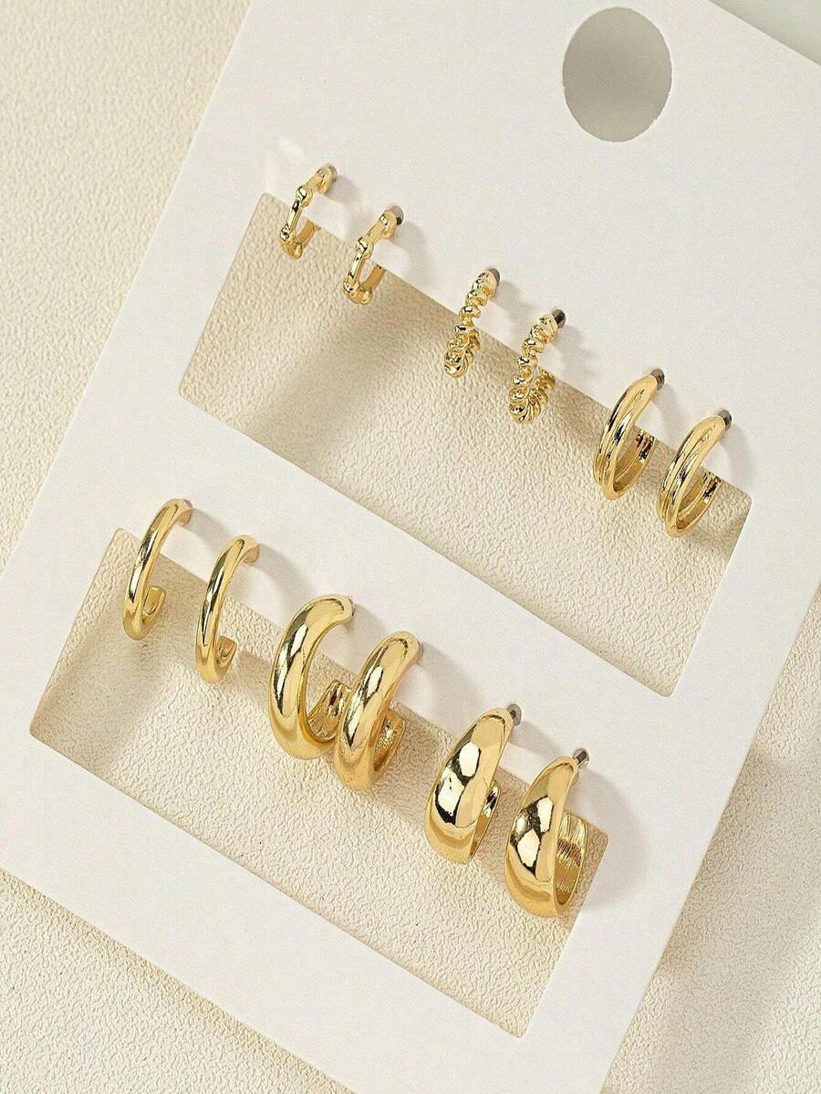 6Pcs Plated 18K Gold-Tone Assorted Hoop Earring Set For Women: Classic & Chic Design With Multiple Sizes (Small Mini, Medium, Large), Lightweight & Comfortable For All-Day Wear, Versatile Accessory Ideal For Daily Outfits, Office Attire, Date Nights, Cocktail Parties, Wedding Receptions, Holiday Gatherings, Brunch With Friends, Weekend Getaways & Gifting To Jewelry-Loving Individuals, Professional Women, Fashion Enthusiasts, Special Occasion Celebrants & Minimalist Style Lovers - 金色 - 查看 1