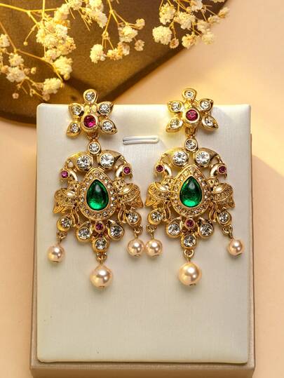 1 Pair Vintage Palace Style Emerald Peacock Dangle Earrings, Gold-Plated Rhinestone Pearl Tassel Earrings, Eye-Catching Party/Banquet Accessory