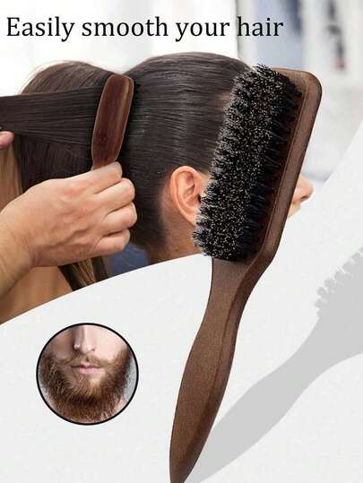 1pc Brush With Bristles, Beard Brush, Hair Brush, Straightening Comb, Hairstyling Tool, Curling Comb, Pointed Tail Comb, Suitable For All Hair Types, Used To Brush Hair Edges And Create Glossy Effect, Boar Bristle Brush For Women, Backward Comb With Rat Tail Teeth, For Sectioning, Edging Control, Back-Brushing, Smoothing And Creating Soft, Fluffy Texture