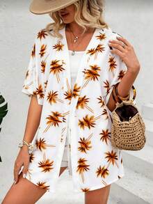 Full Print Off-The-Shoulder Kimonos & Front Tie Shorts M L XL - Màu trắng và nâu cà phê - Xem 4