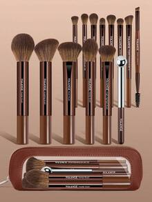 MAANGE 14/15pcs Makeup Brush Set, Includes Foundation Brush, Face Brush, Powder Brush, Blush Brush, Concealer Brush, Contour Brush, Nose Shadow Brush, Highlighter Brush, Eyeshadow Brush, Brow Brush, Detail Brush, Suitable For Liquid, Cream And Powder, Free Gift - Brown - View 11