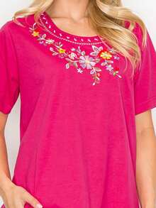 Women Short Sleeves Embroidered Cotton Blend Lounge Wear  Sets - 紫紅色 - 查看 5