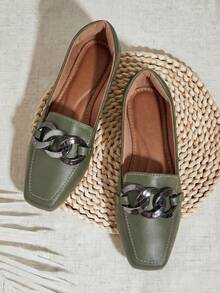 Olive Green Nappa Square Toe Moccasin I Chain - 軍綠色 - 查看 1