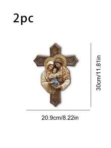 1/2pcs 3D Jesus Family Cross Wooden Pendant, Religious Theme, Suitable For Home Room Wall Decor, Gift For Friends And Family, Holiday Decoration - Multicolor-punched Hemp Rope - View 9