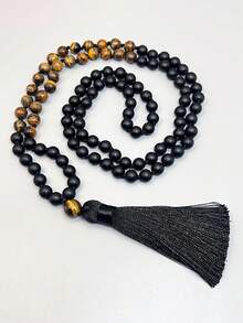 108颗念珠项链，由8毫米黄虎眼石和哑光黑玛瑙制成，适合瑜伽冥想，男女皆宜，与灵修和宗教相关。 - 彩色 - 查看 8