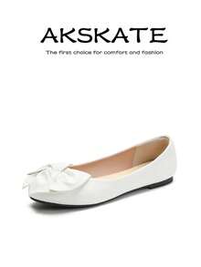 Women's Oversized Bow Decor Square Toe Ballet Flats, Faux Leather Slip On Casual Flat Shoes, Soft Padded Insole Anti-Slip Rubber Outsole, Comfortable Everyday Dress Shoes For Office Work Daily Commute Shopping Weekend Outings, Multi Classic Colorways Available - 白色 - 查看 4