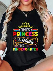 Camiseta de verano para niñas de regreso a clases, con texto "Esta princesa va al jardín de infantes", manga corta y cuello redondo, informal, para verano y primavera, ropa para mujer. - Negro - Ver 6