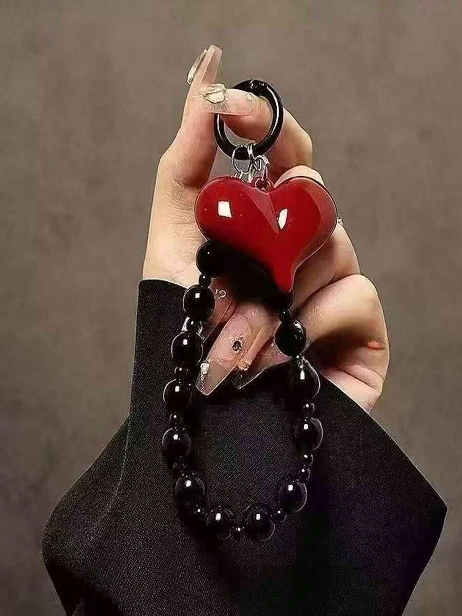 黑色爱心元素 1 件装创意红色爱心串珠手机挂绳ins风甜美别致爱心吊坠钥匙扣生日礼物春季婚礼 - 黑色 - 查看 1