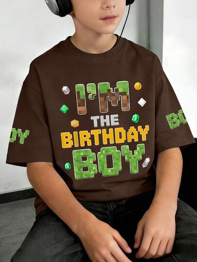 Teenager Boys' Game Style Birthday Letter Print Round Neck Short Sleeve T-Shirt, Comfortable Children's Graphic Tee Suitable For Birthday Party, Spring/Summer New Arrival