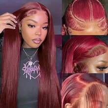 34英寸 200%密度 酒红色 99J 13*4蕾丝前假发，柔软合成纤维，耐热，透气，自然发际线，适合派对和日常佩戴 - SBUG - 查看 6