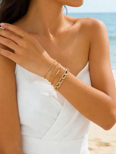 Bộ 4 vòng tay vàng hình học đa kiểu dáng, tinh tế và duyên dáng, phù hợp cho kỳ nghỉ và đeo hàng ngày.