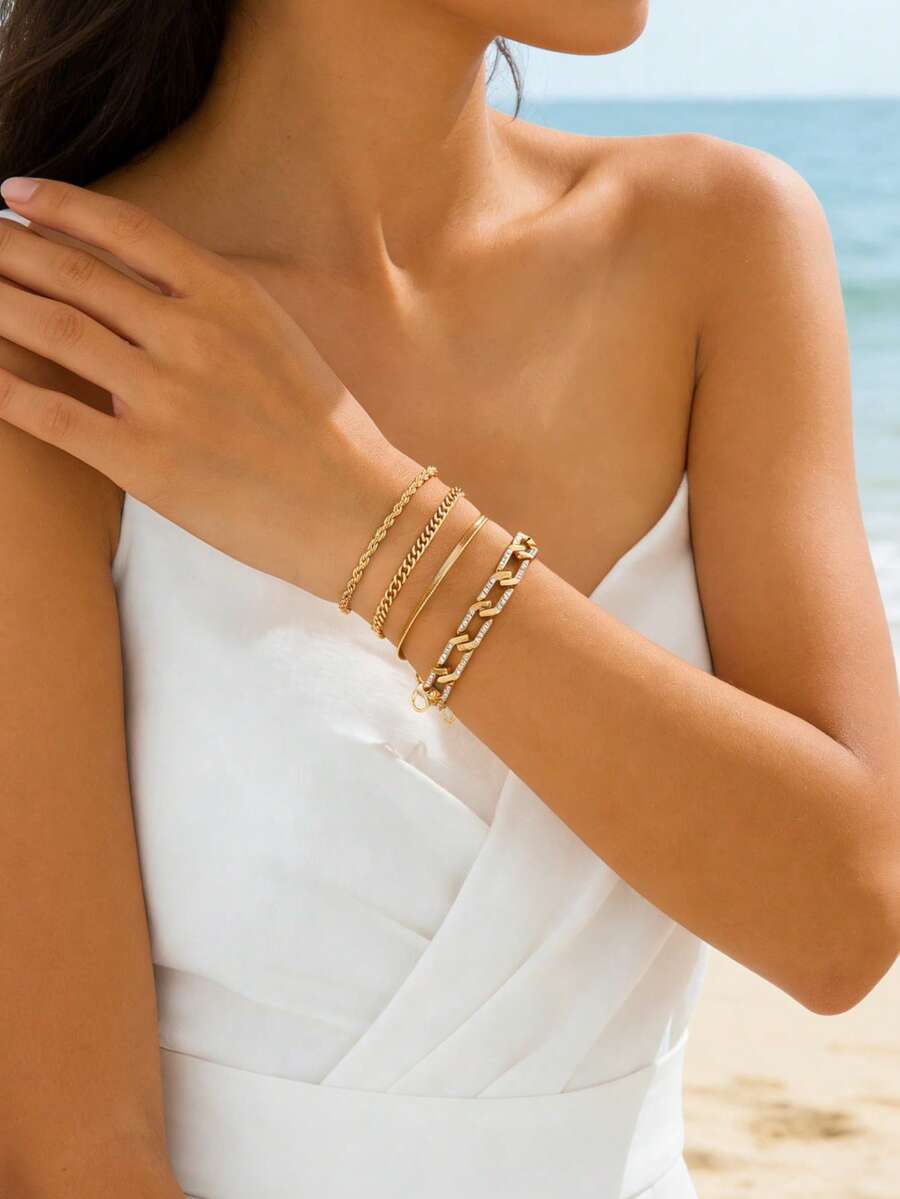 Bộ 4 vòng tay vàng hình học đa kiểu dáng, tinh tế và duyên dáng, phù hợp cho kỳ nghỉ và đeo hàng ngày. - Vàng - Xem 1