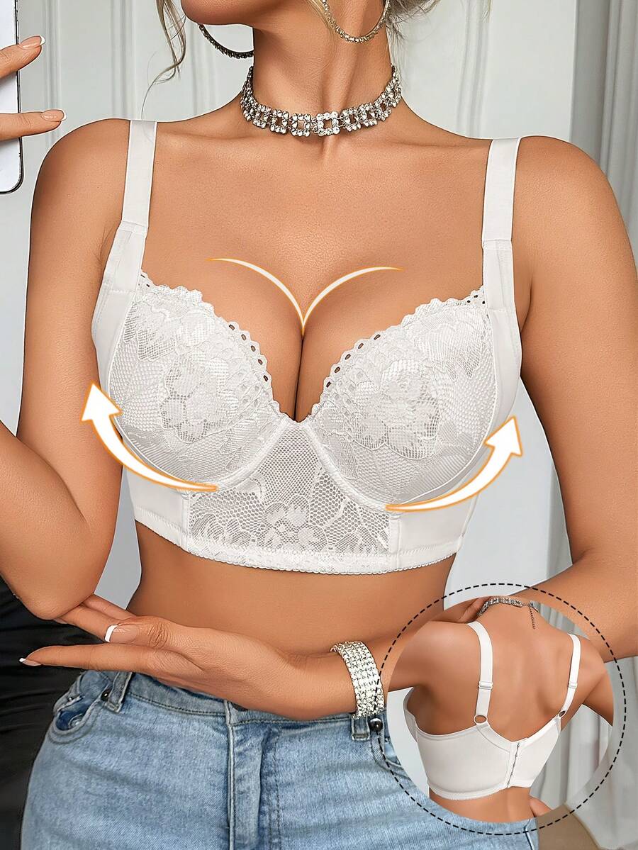 1 chiếc áo ngực ren có gọng dành cho nữ, áo ngực ren cổ chữ V sâu gợi cảm, có thể mặc ngoài hoặc mặc lớp bên trong như áo ngực thường ngày. - trắng - Xem 1