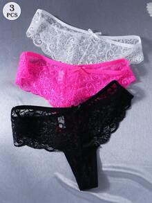 3 Stück sexy Spitzen-String-Höschen mit tiefer Taille für Frauen - Verschiedenfarbig - Übersicht 2