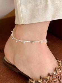 1 pieza Tobillera de plata de ley S925 con diseño personalizado minimalista de cuentas redondas, cadena para el pie elegante, exquisita y versátil de lujo para mujer, un regalo refrescante y brillante - cuentas redondas - Ver 1