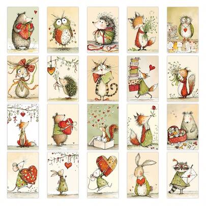 20pcs Vintage Cute Animals Aesthetic Wall Collage Kit Cards, Fun Owl, Hedgehog, Fox Etc Animals And Heart-Shaped Bow Pattern Postcards, Suitable As Home Wall Art In Rooms, Ideal Gift For Pet Lovers, Wedding Birthday Gift Wrapping, Party Invitations, Journals & Albums
