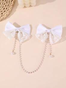 1件装女士时尚优雅白色蕾丝蝴蝶结绒球珍珠链蝴蝶发夹，适合派对、聚会、户外活动佩戴，爪夹式发夹 - 白色 - 查看 2