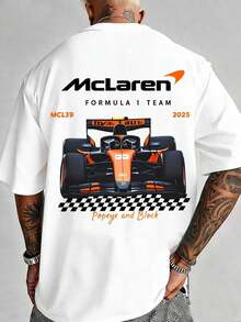 Printed T-Shirt Cotton Plus Size Men's Clothing, Men's Fashionable Racing Car Print T-Shirt, Comfortable Pure Cotton Short-Sleeved Shirt, F1 Themed T-Shirt, Streetwear, Suitable For Everyday Casual Wear And Outdoor Activities, A Gift For F1 Fans, Double-Sided Printed T-Shirt, Casual Sportswear. ,Y2K,Oversized Shirt Men,Summer Tops - 白色 - 查看 1