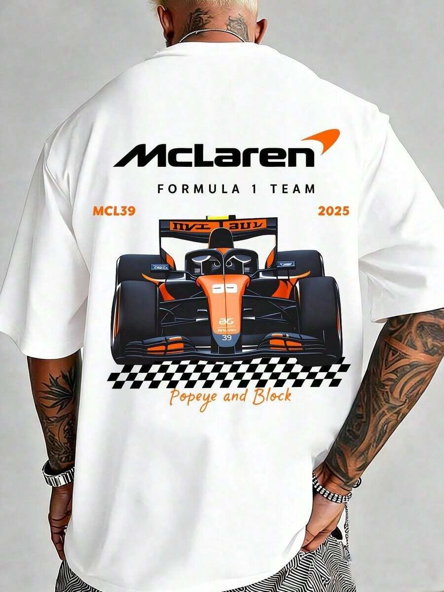 Printed T-Shirt Cotton Plus Size Men's Clothing, Men's Fashionable Racing Car Print T-Shirt, Comfortable Pure Cotton Short-Sleeved Shirt, F1 Themed T-Shirt, Streetwear, Suitable For Everyday Casual Wear And Outdoor Activities, A Gift For F1 Fans, Double-Sided Printed T-Shirt, Casual Sportswear. ,Y2K,Oversized Shirt Men,Summer Tops - 白色 - 查看 1