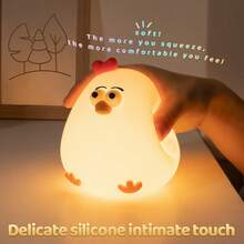 Silicone Tap Chicken Night Light, Rechargeable Bedside Lamp, Eye-Caring Sleep Light, Ideal Gift For Boyfriend/Girlfriend - Chicken [Warm Light + Three Dimming Levels + Timer] - View 3