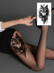 1pc Fashionable Cool Temporary Tattoo Sticker, Couple Tattoo, Black Fake Tattoo, One-Time Use Tattoo, Wolf, Animal, Flower Design, Waterproof, Non-Reflective, Easy To Apply And Remove, Highly Realistic, Suitable For Men Or Women On Chest, Leg, Arm, Waist, Abdomen, Foot, Music Festival Party Supplies - Black - View 3