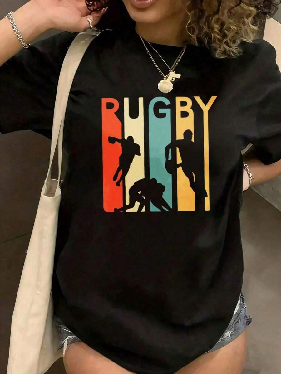 Sports Event Prints Rugby Sport Graphic  Vintage Style Color Block Design Unisex   Men  Athletic Wear Suitable ForFashionable Women Clothing - 黑色 - 查看 1