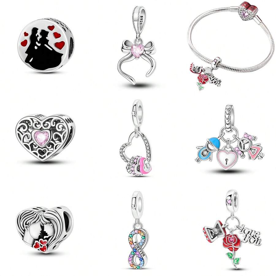 1 件装时尚心形闪亮珠子吊坠，镀银，适合手链项链 DIY 节日礼物 - 彩色 - 查看 1