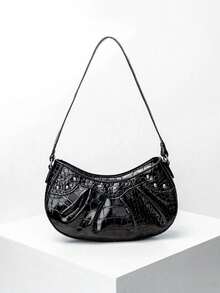 1pc Girls' Crocodile Grain Minimalist Underarm One Shoulder Baguette Bag, Rivet Fashion Shoulder Bag, Coin Purse, Suitable For Daily Use, Ideal Gift Choice - Black - View 6